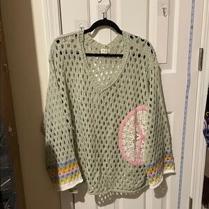 POL Green Open-Knit Sweater with Peace Sign